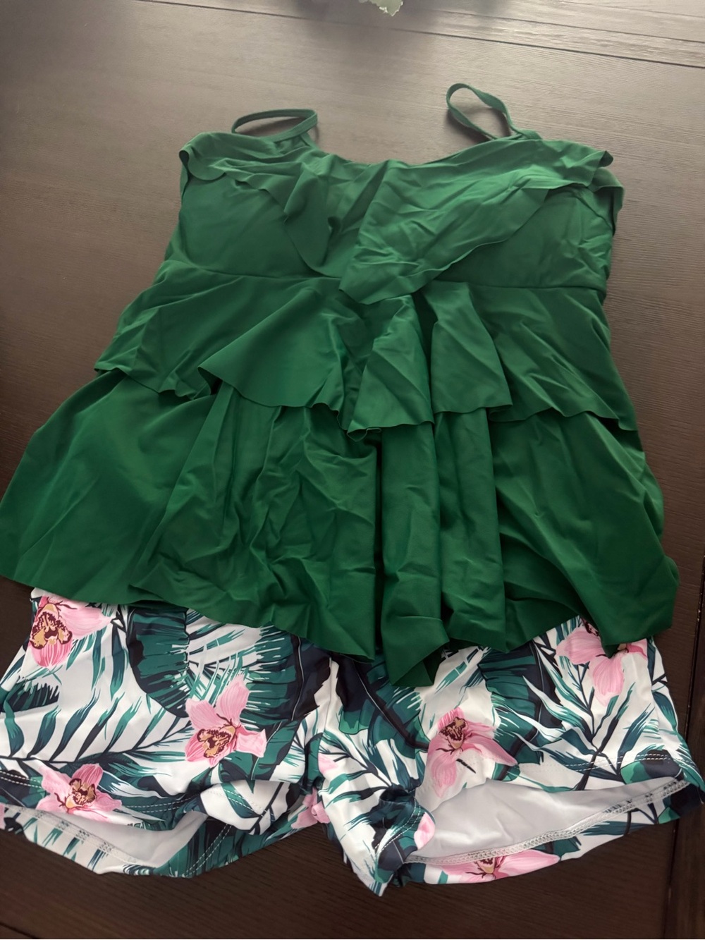 Green Ruffled Tankini Top with Tropical Floral Shorts